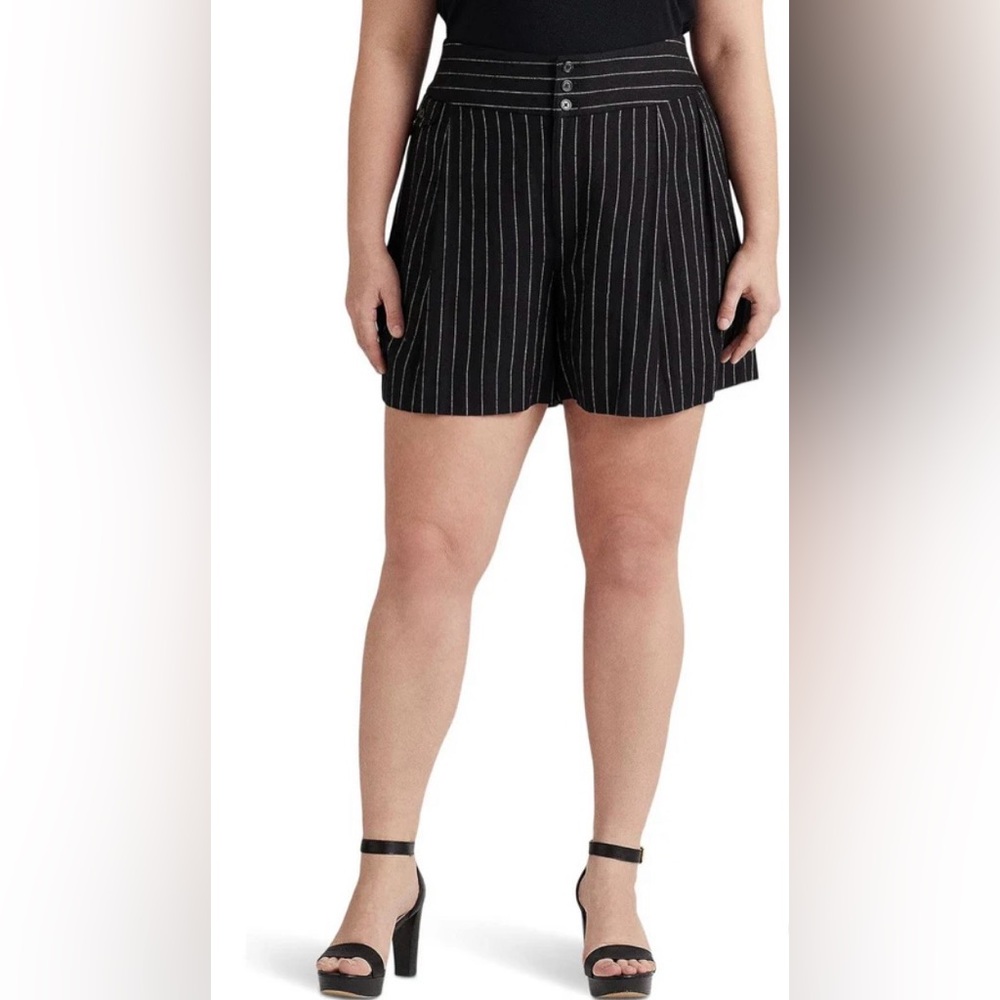 Lauren Ralph Lauren Plus Pinstripe Linen Blend Shorts - Picture 2 of 11
